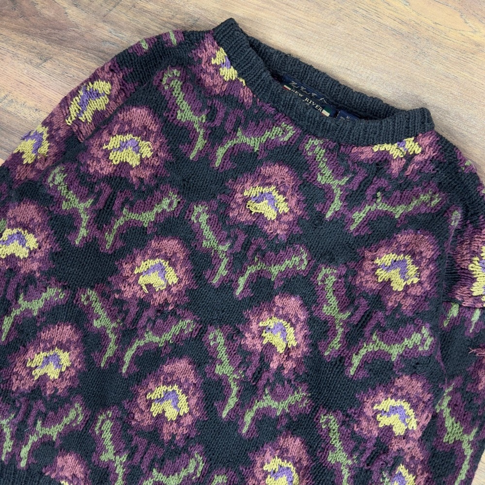 Vintage New River Floral Sweater Mens XL Black Purple Hand Knitted Grunge 90s